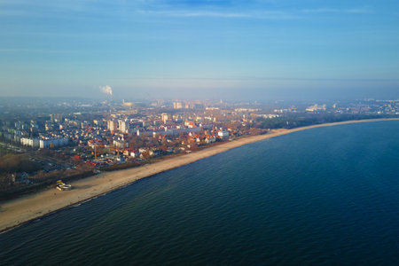 Sea shore with view of Gdansk city, aerial view. Baltic Sea in Poland. Beautiful natural landscape...