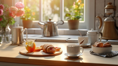 Kitchen wooden table top with breakfast at morning time. Scandinavian style vintage kitchen interior. Created with Generative AIの素材