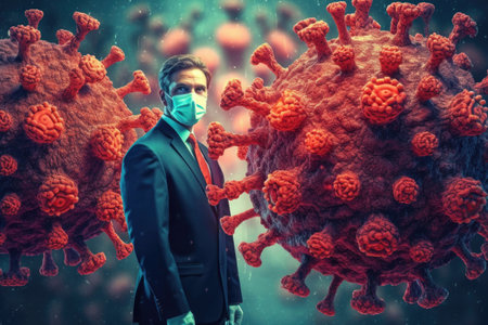 Person in medical mask near virus cells. Immune system and protection against viruses and bacteria. Created with Generative AIの素材