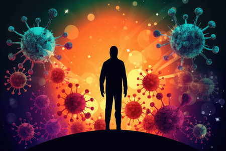 Immune system, protection against viruses and bacterias. Different shapes bacterias and virus cells near person silhouette. Created with Generative AIの素材