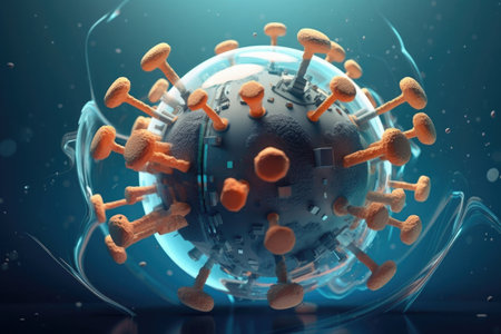 Macro shot of virus cells on abstract background. Pandemic infection concept. Created with Generative AIの素材