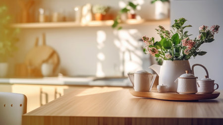 Kitchen wooden table top with breakfast at morning time. Scandinavian style vintage kitchen interior. Created with Generative AIの素材