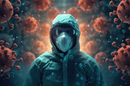 Person in medical mask near virus cells. Immune system and protection against viruses and bacteria. Created with Generative AIの素材