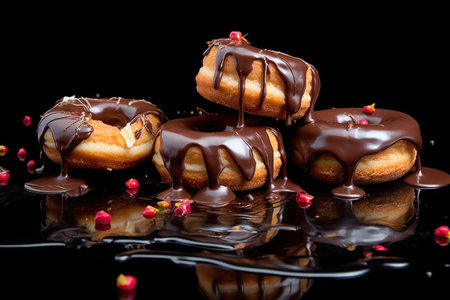 Delicious glazed donuts. Background with doughnuts with chocolate frosted and icing. Traditional sweet snacks. Created with Generative AIの素材