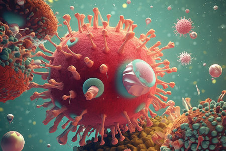 Macro shot of virus cells on abstract background. Pandemic infection concept. Created with Generative AIの素材