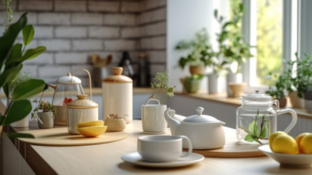 Kitchen wooden table top with breakfast at morning time. Scandinavian style vintage kitchen interior. Created with Generative AIの素材