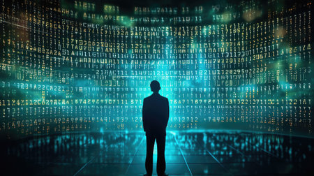 Cyberspace with binary code. Human silhouette in digital world. Virtual reality and futuristic background. Created with Generative AIの素材