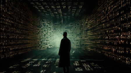 Cyberspace with binary code. Human silhouette in digital world. Virtual reality and futuristic background. Created with Generative AIの素材