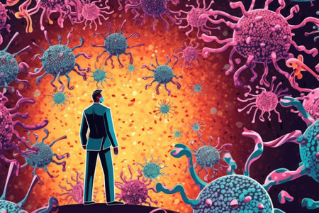 Immune system, protection against viruses and bacterias. Different shapes bacterias and virus cells near person silhouette. Generative aiの素材