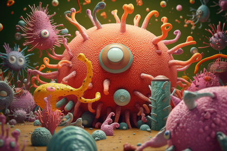 Different types of virus and bacteria cells on abstract background. Pandemic infection concept. Created with Generative AIの素材