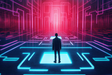 Person find exit from labyrinth in digital world. Human silhouette lost in futuristic technology maze. Digital addiction. Created with Generative AIの素材