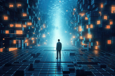 Person walking in digital world. Human silhouette lost in futuristic cyberspace made of colorful cubes. Digital addiction. Created with Generative AIの素材