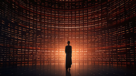 Cyberspace with binary code. Human silhouette in digital world. Virtual reality and futuristic background. Created with Generative AIの素材