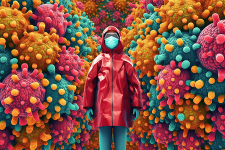 Immune system, protection against viruses and bacterias. Different shapes bacterias and virus cells near person silhouette. Generative aiの素材