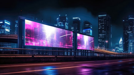 Futuristic city with neon glowing billboard at street. Cyberpunk background. Created with Generative AIの素材