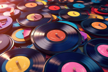 Vinyl records music background. Vintage retro style music background. Created with Generative AIの素材