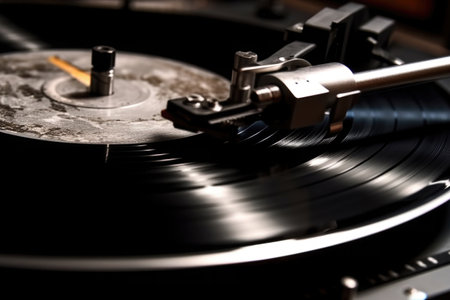 Vintage turntable vinyl record player. Close up of needle on vinyl record. Retro style background. Created with Generative AIの素材