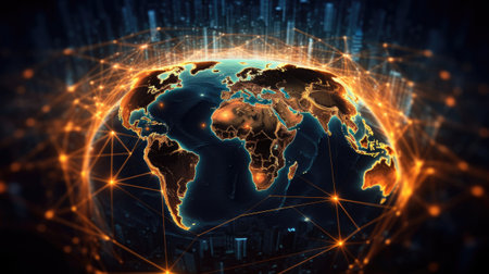 View from space on planet Earth with glowing connection lines around it. Global networking and futuristic technology development. Created with Generative AIの素材