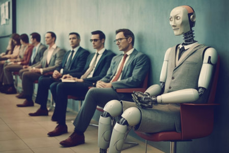 Robot and human waiting for job interview in office. Competition for job offers between humans and artificial intelligence. Created with Generative AIの素材