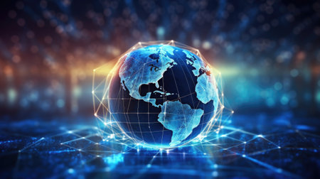 View from space on planet Earth with glowing connection lines around it. Global networking and futuristic technology development. Created with Generative AIの素材
