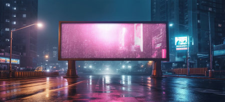 Futuristic city with neon glowing billboard at street. Cyberpunk background. Created with Generative AIの素材