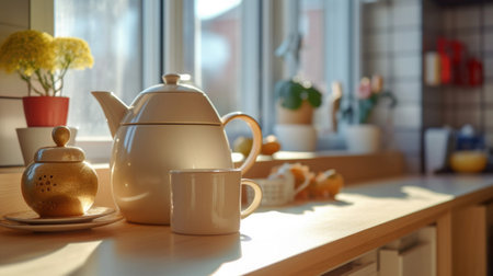 Kitchen wooden table top with breakfast at morning time. Scandinavian style vintage kitchen interior. Created with Generative AIの素材