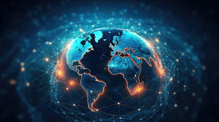 View from space on planet Earth with glowing connection lines around it. Global networking and futuristic technology development. Created with Generative AIの素材