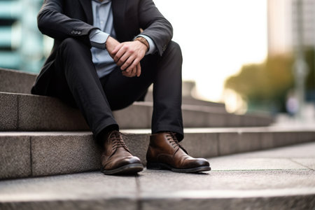 Cropped shot of businessman wearing suit and elegant shoes sitting on sidewalk at city street. Leadership and success concept. Created with Generative AIの素材