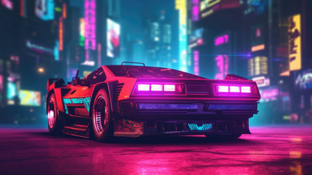 Futuristic sport car with retro design at night city street with neon glowing lights. Cyberpunk background. Created with Generative AIの素材