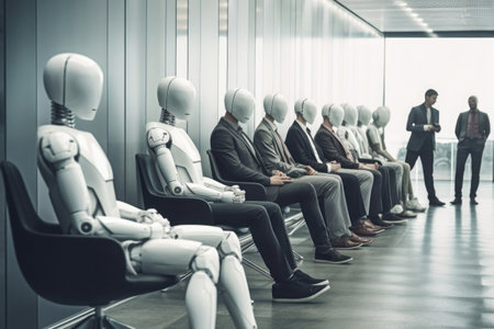 Robot and human waiting for job interview in office. Competition for job offers between humans and artificial intelligence. Created with Generative AIの素材