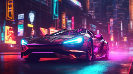 Futuristic sport car with retro design at night city street with neon glowing lights. Cyberpunk background. Created with Generative AIの素材