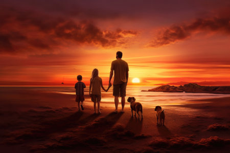 Couple with children and dog at sunset. Happy family outdoors. Created with Generative AIの素材