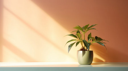 Table with plant in vase against colored wall background. Green plant in home interior with shadows on wall with copy space. Created with Generative AIの素材