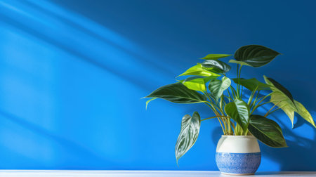 Table with plant in vase against blue wall background. Green plant in home interior with shadows on wall with copy space. Created with Generative AIの素材