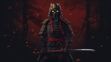 Male asian warrior portrait. Samurai in traditional armor with katana. Created with Generative AIの素材