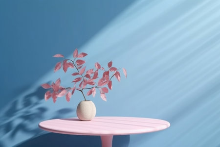 Table with plant in vase against blue wall background. Green plant in home interior with shadows on wall with copy space. Created with Generative AIの素材