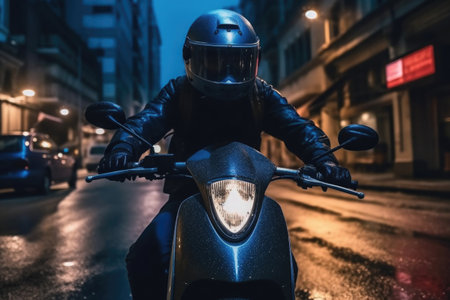 Male biker driving retro scooter at city street. Created with Generative AIの素材