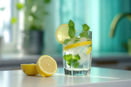 Lemonade at table in kitchen with morning sunlight. Glass of water with lemon and mint. Refreshment drink. Created with Generative AIの素材