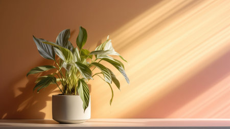 Table with plant in vase against colored wall background. Green plant in home interior with shadows on wall with copy space. Created with Generative AIの素材