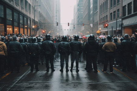 Police squad wearing uniform on the city street. Law enforcement during protests. Created with Generative AIの素材