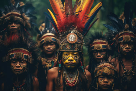 Portrait of indigenous tribe. Traditional Indians with painted faces. Native american people. Created with Generative AIの素材