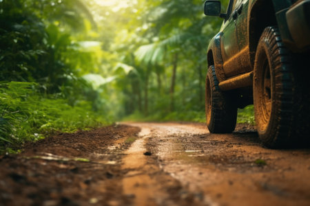 Four wheel drive SUV is driving on muddy road in jungle. Jeep on safari after rain. Car racing offroad. Created with Generative AIの素材