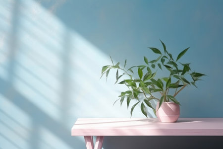 Table with plant in vase against blue wall background. Green plant in home interior with shadows on wall with copy space. Created with Generative AIの素材