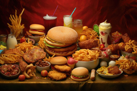 Different types of junk food on table. Unhealthy nutrition. Created with Generative AIの素材