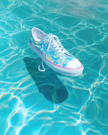 Stylish shoes in swimming pool. Summer creative background. Sneakers shoes on water surface. Aesthetic fashion style. Created with Generative AIの素材