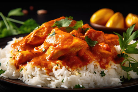 Curry chicken with rice in bowl. Traditional Indian cuisine. Oriental food. Created with Generative AIの素材