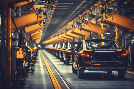 Car factory with robotic arms at assembly line. Automated vehicle conveyor welding car frames. Created with Generative AIの素材