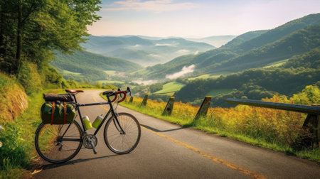 Gravel bike at road with beautiful mountain landscape. Created with Generative AIの素材