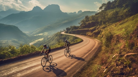 Cyclist riding bike at beautiful landscape with mountain road. Active outdoor sports. Created with Generative AIの素材