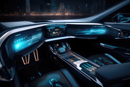 Futuristic interior of luxury car. Car cockpit with digital dashboard without driver. Created with Generative AIの素材
